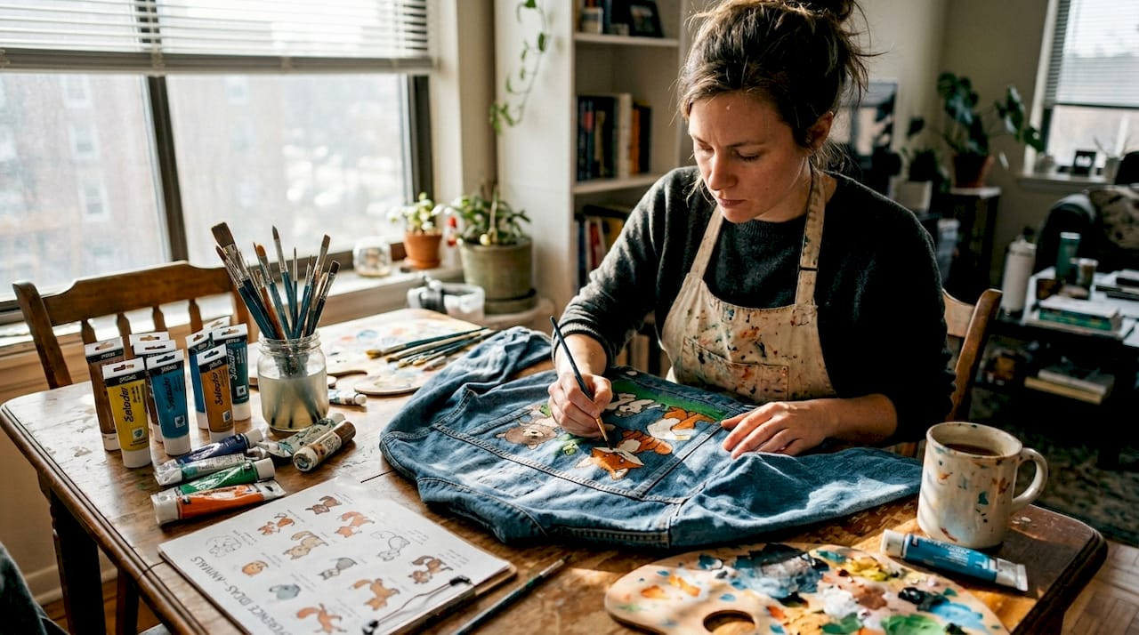 Artist painting cartoon artwork on denim jacket