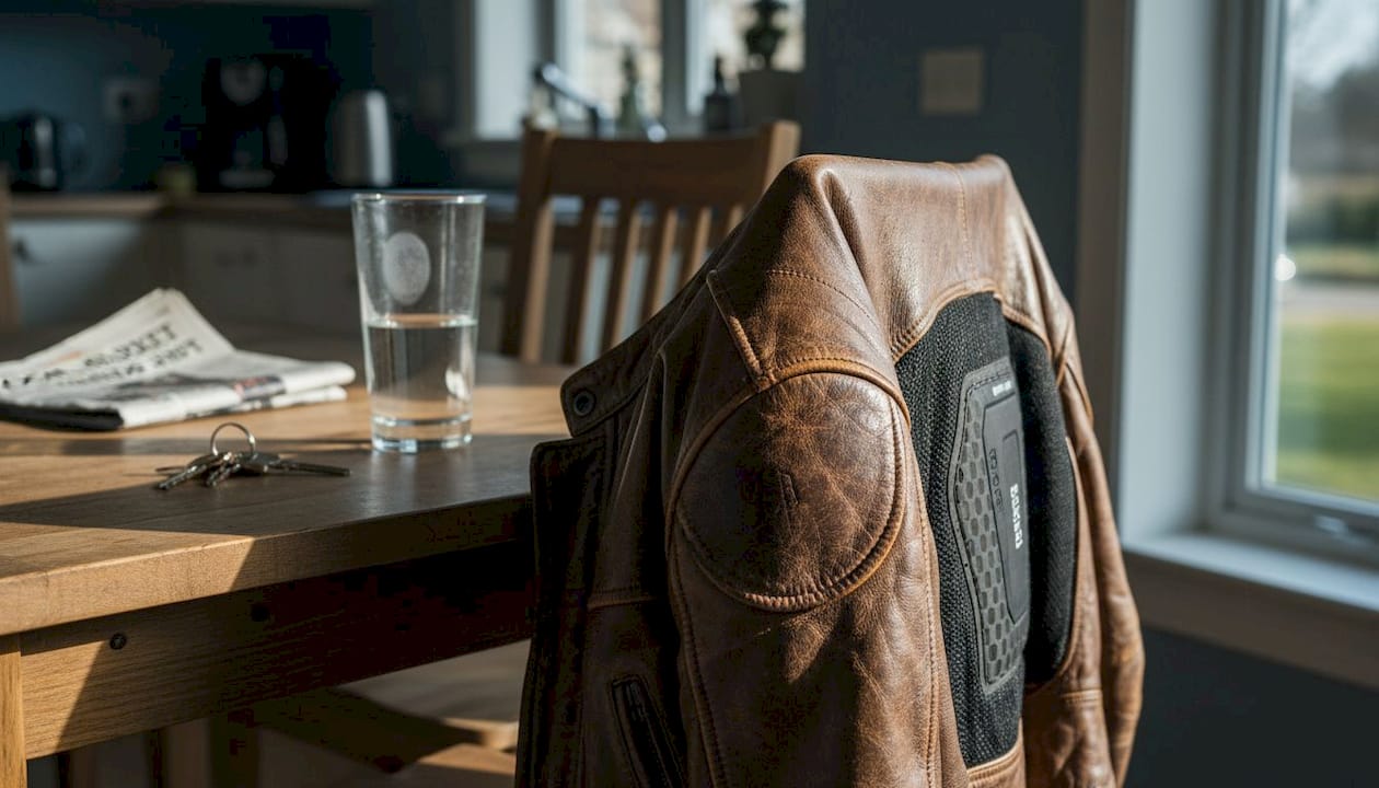 Close-up of worn leather motorcycle jacket