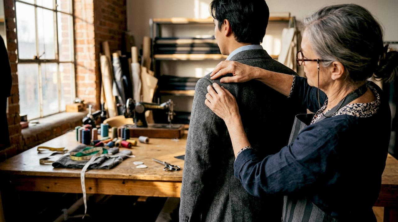 Tailor checks shoulder alignment on fitted jacket