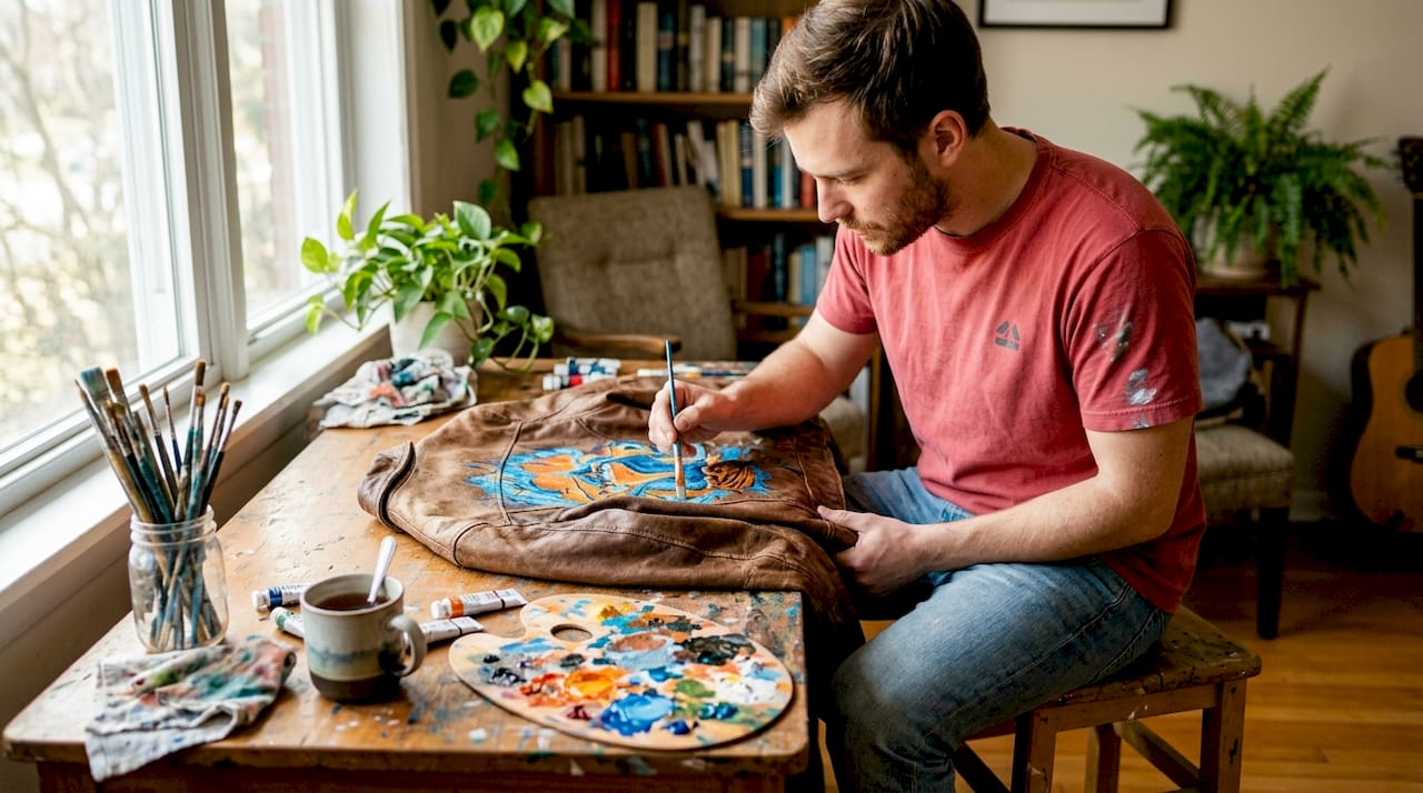 Man painting leather jacket at home workbench