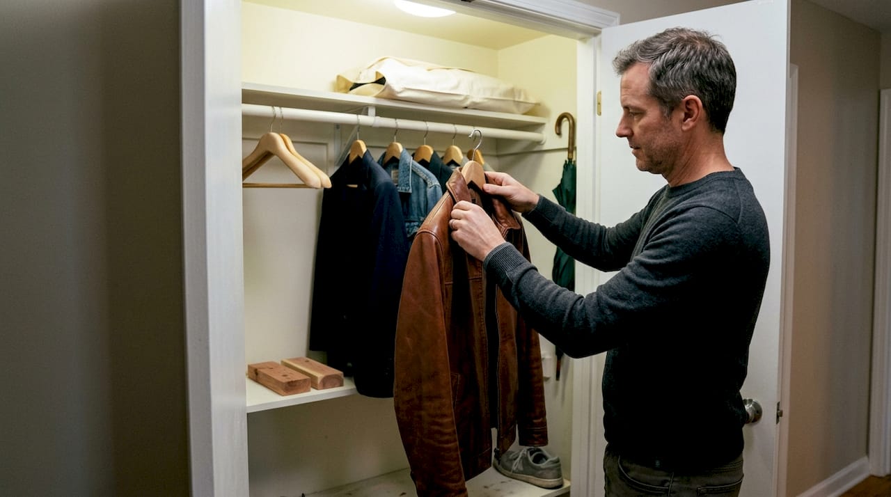 Man storing leather jacket in hallway closet