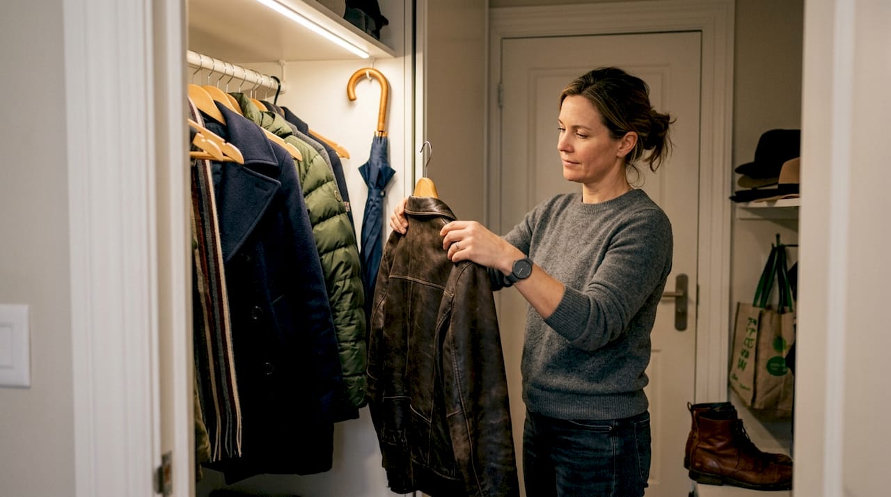 Woman hanging leather jacket in hallway closet