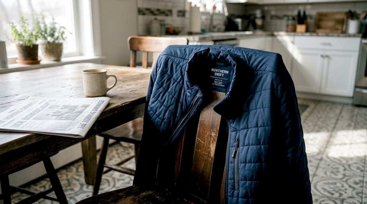 Synthetic insulated jacket close-up on kitchen chair
