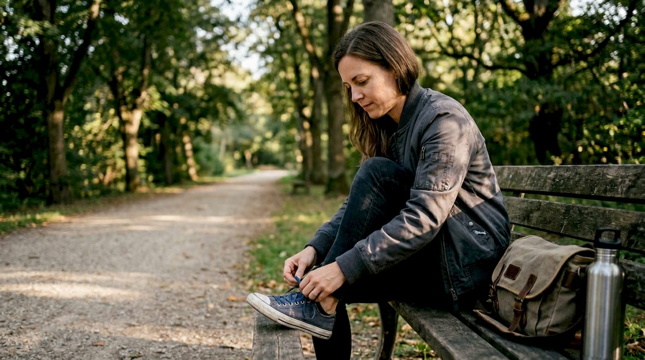 Woman adjusting shoes in park with bomber jacket