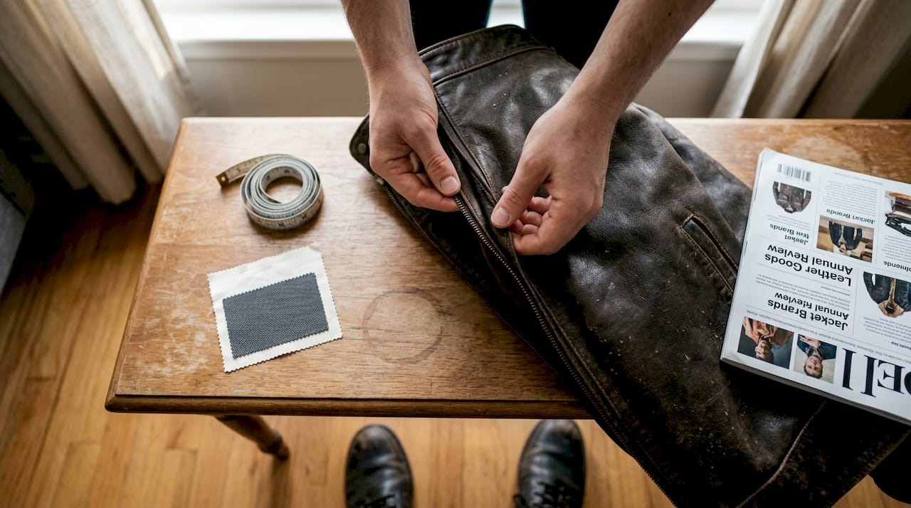 Close-up hands inspecting jacket craftsmanship