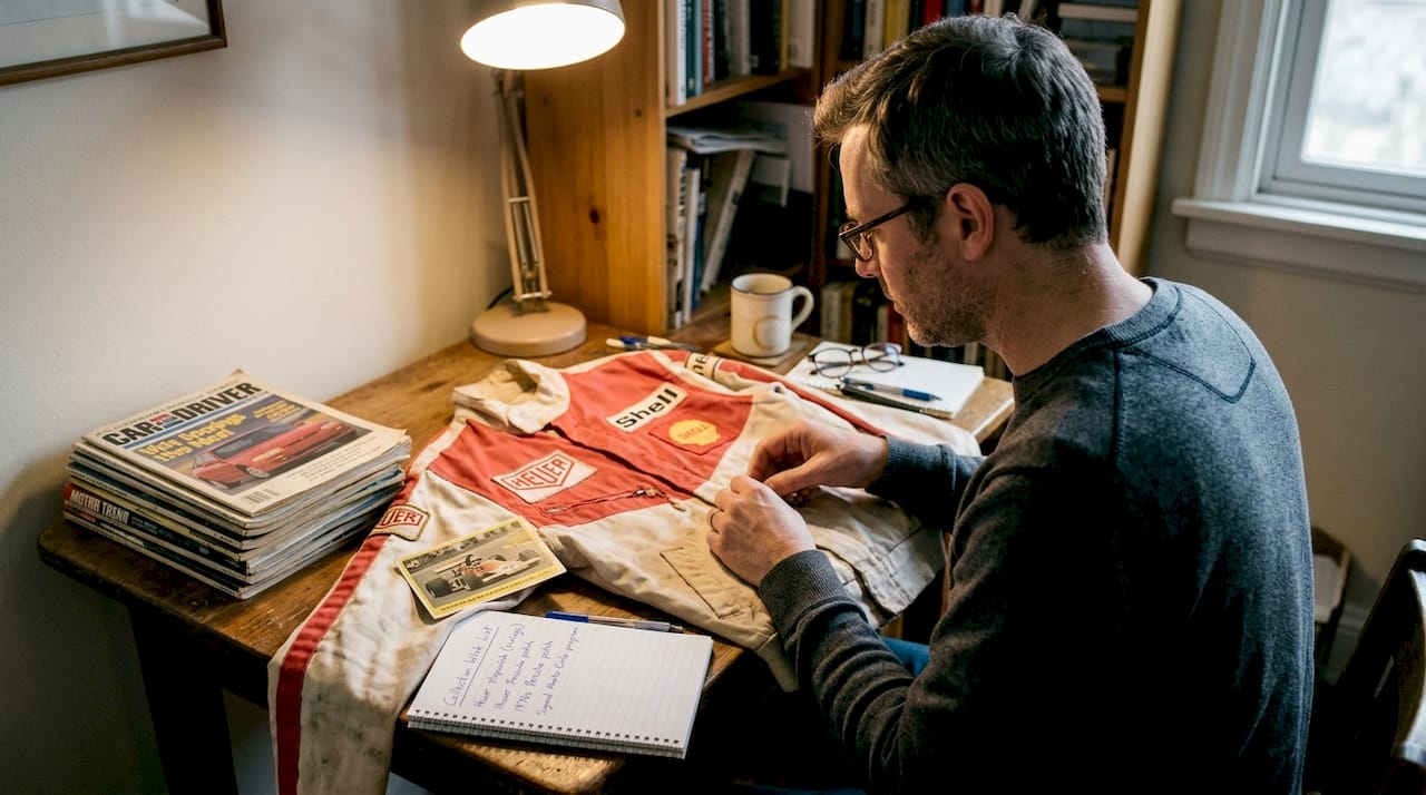 Man reviewing retro racing jacket at desk