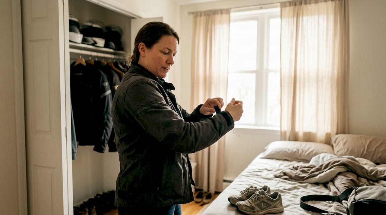 Woman adjusting jacket armor fit at home
