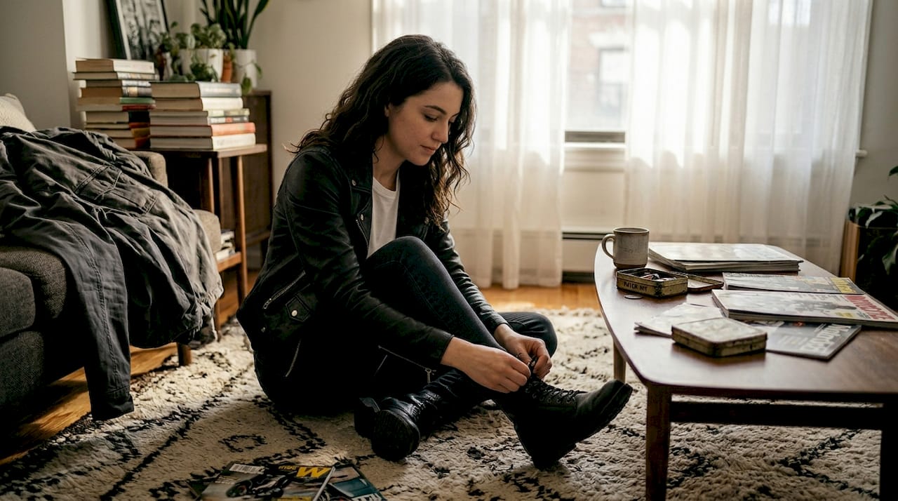 Person lacing boots in biker jacket