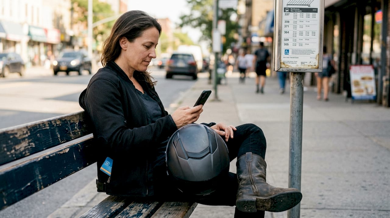 Woman in mesh jacket waiting at bus stop
