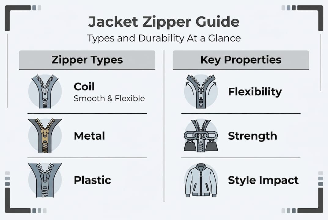 Infographic comparing jacket zipper types and properties