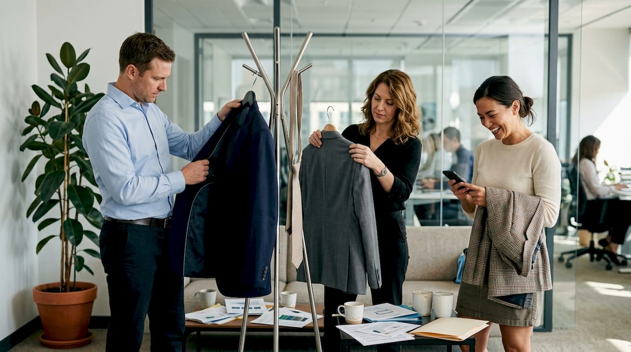 Group comparing blazer, suit, and sport coat in office