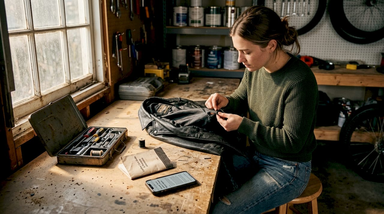 Woman checks tear on leather jacket lining