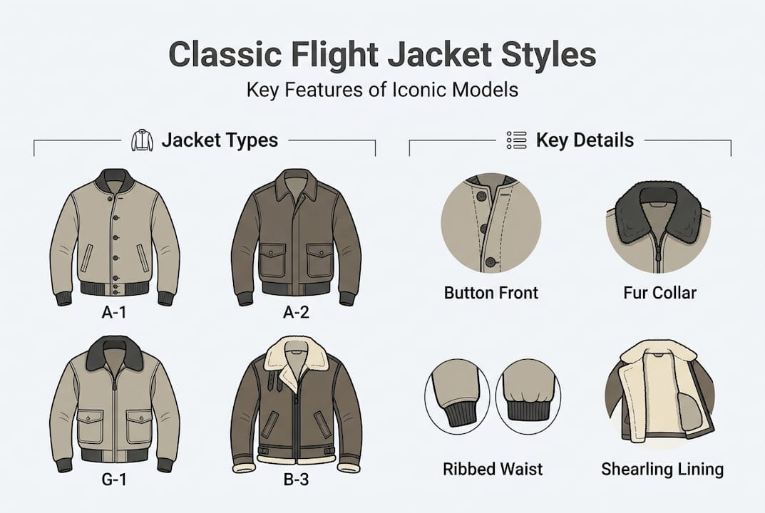 Infographic of classic flight jacket styles and features