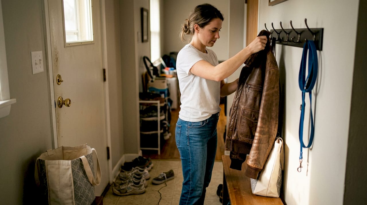 Woman hangs flight jacket showing classic features
