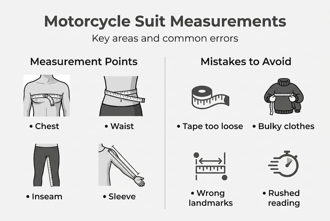 Infographic overview of motorcycle suit measurement steps