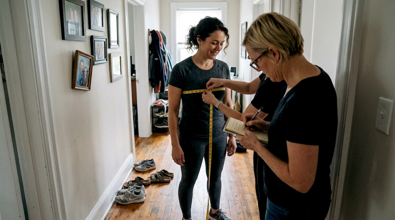 Friend measuring chest for motorcycle suit fit