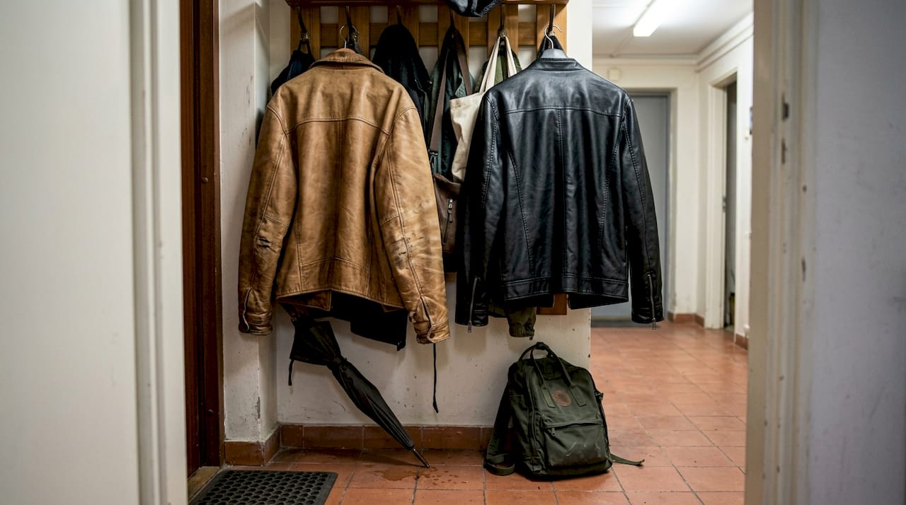 Old leather and new faux leather jackets on rack