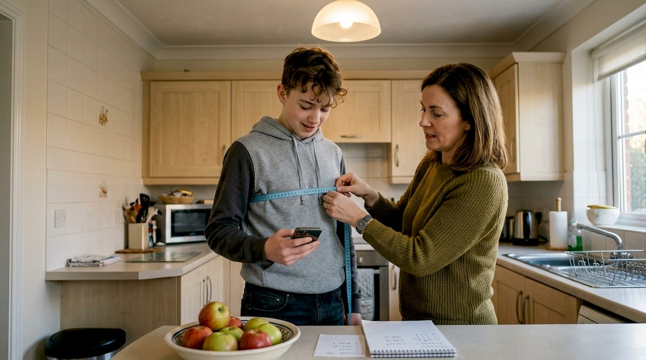 Mother helping son measure jacket fit kitchen