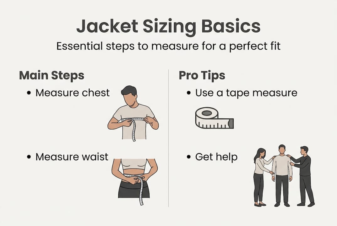 Infographic showing jacket sizing steps and pro tips