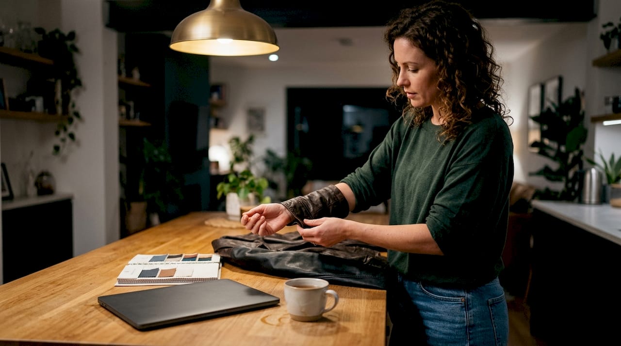 Woman compares leather and vegan jackets at home