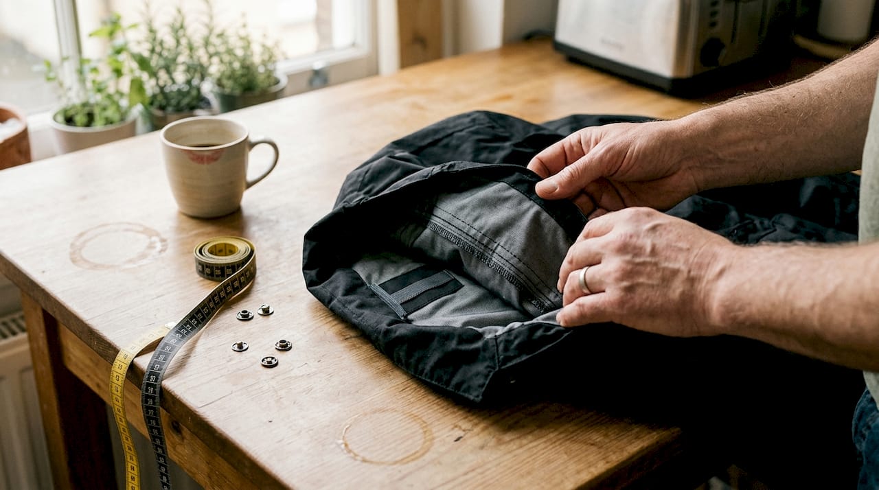 Hands inspecting jacket stitching at home