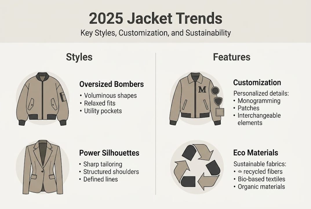 Infographic summarizing 2025 jacket style trends