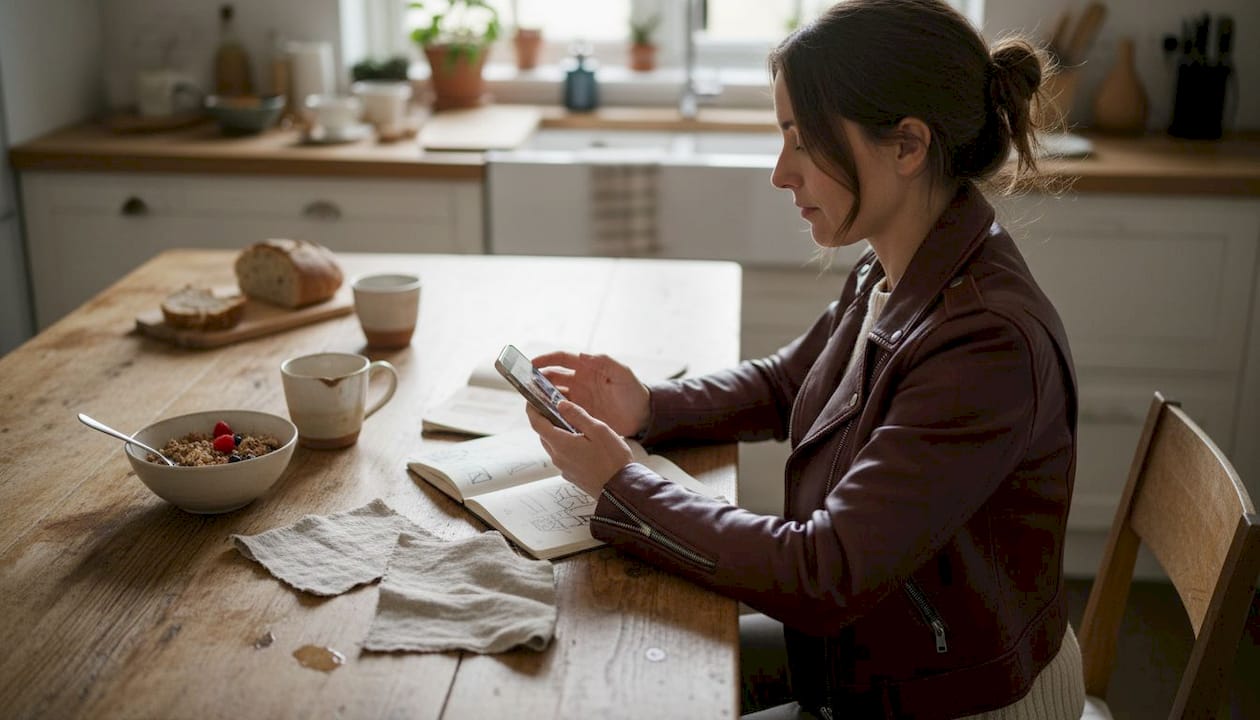 Woman designing custom biker jacket at kitchen table