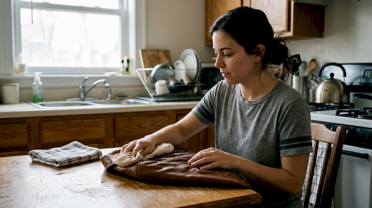 Woman cleaning leather jacket at home table