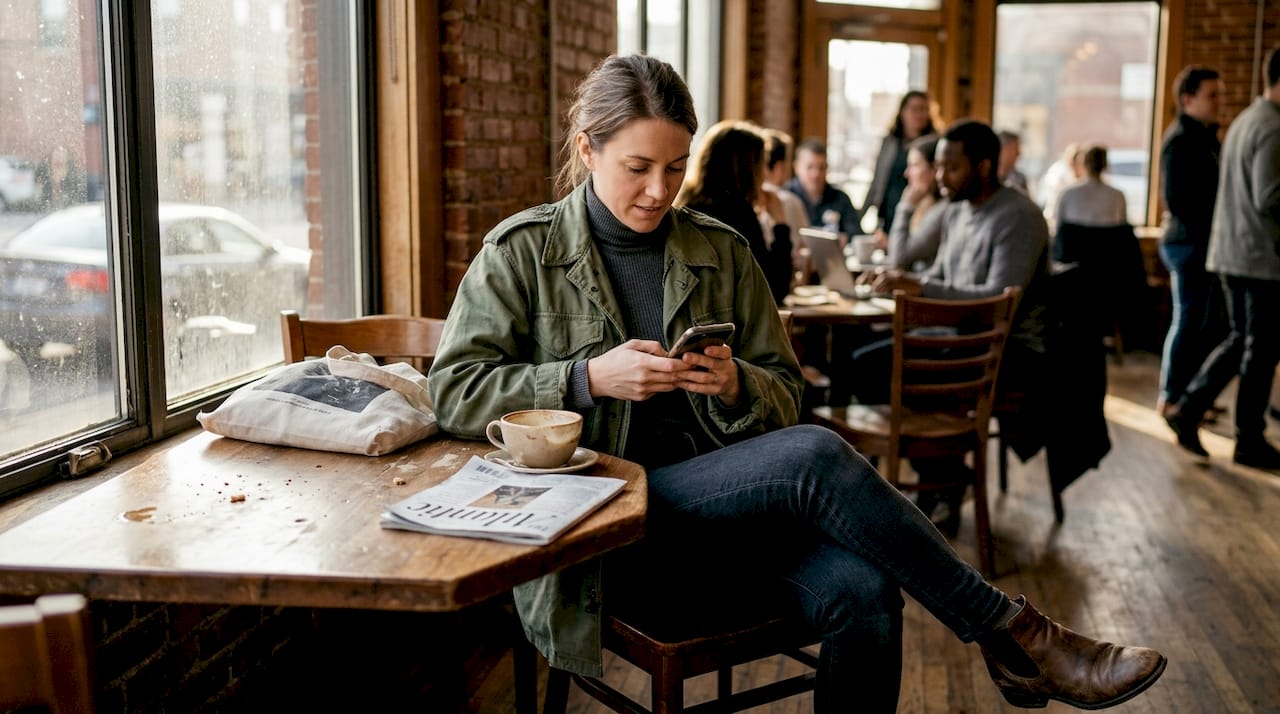 Woman styling oversized jacket in café