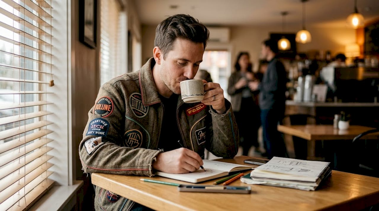 Man sketching in custom jacket at café