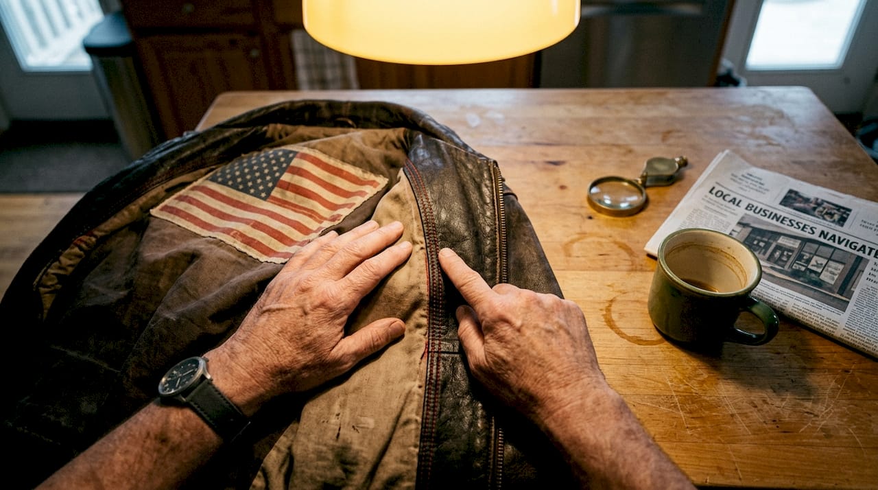 Hands examining stitching on leather jacket