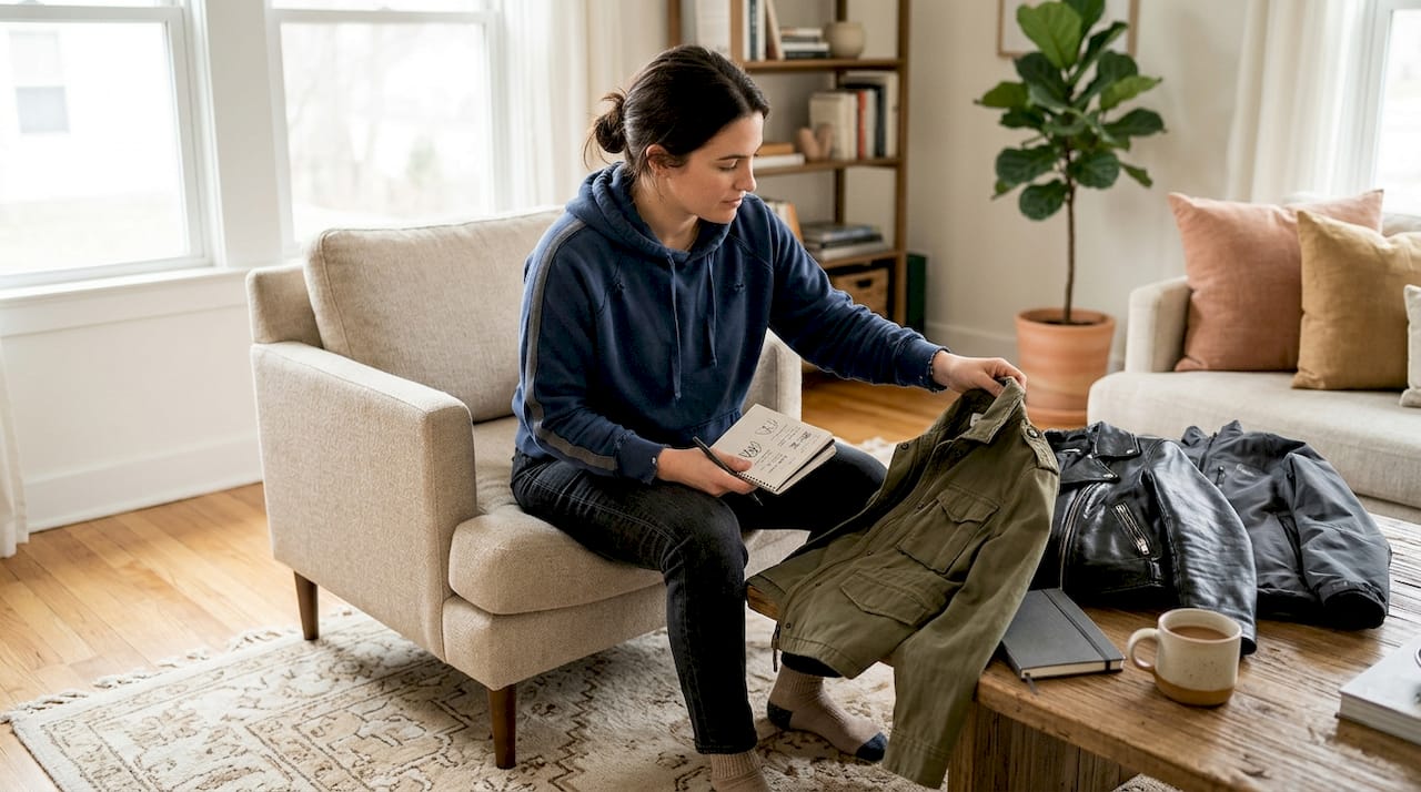 Woman sorting jacket materials on living room floor