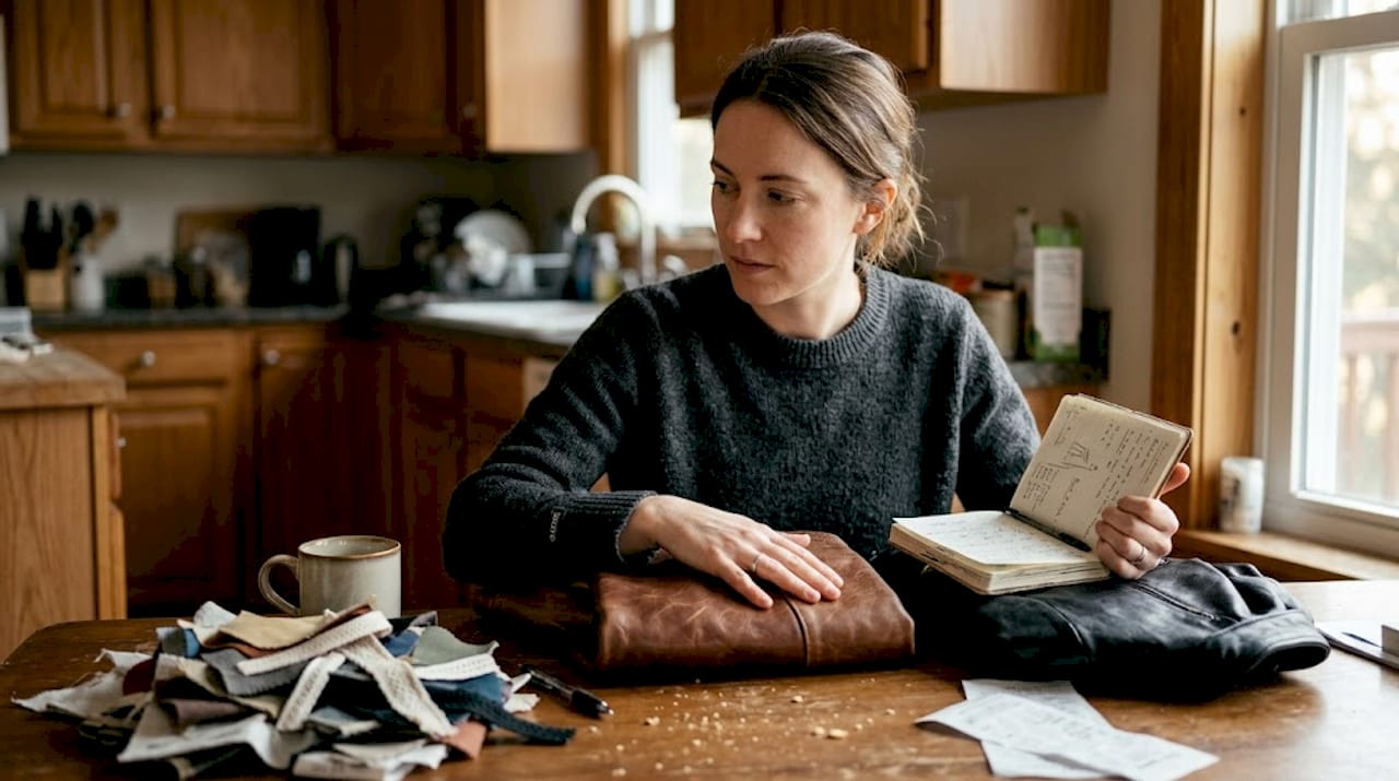 Woman comparing leather jacket samples at home
