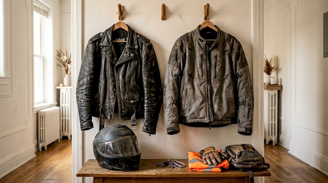 Leather and textile jackets side by side
