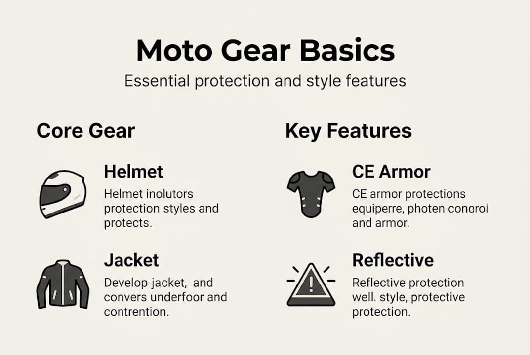 Infographic of core moto gear and features