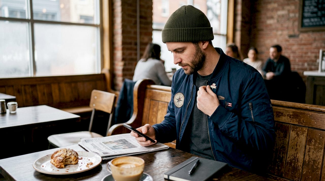 Man adjusting lapel pin on bomber jacket