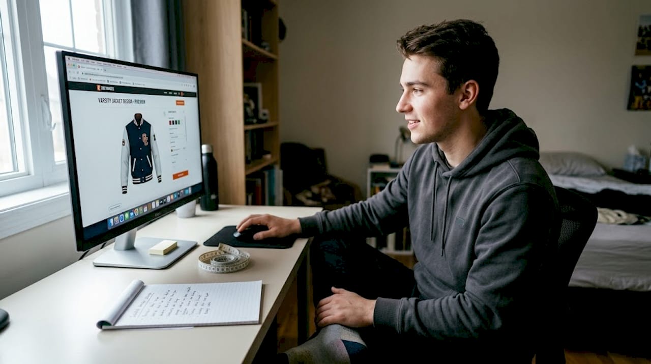 Man previews jacket design on computer