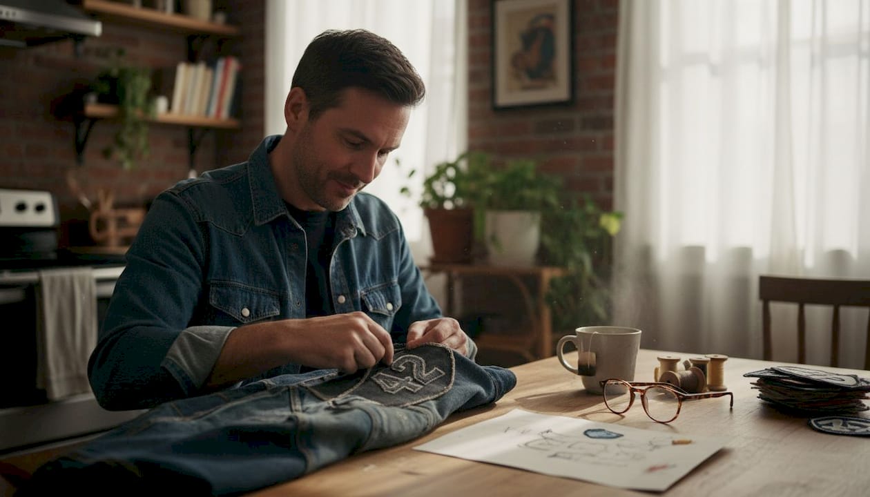 Man customizing jacket at kitchen table