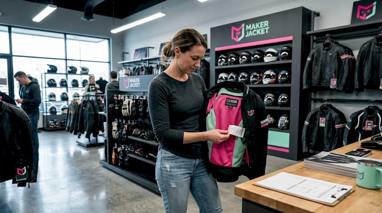 Customer checking jacket safety features in store