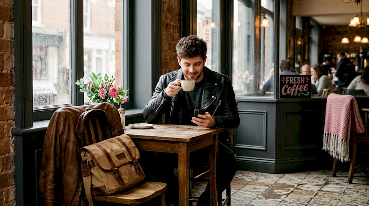 Man with jackets in urban corner café