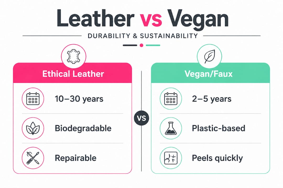 Infographic comparing leather and vegan durability