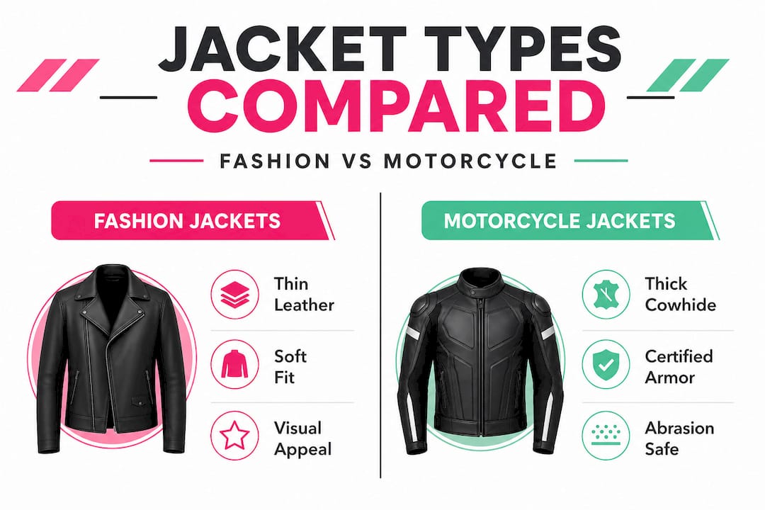 Infographic contrasting fashion vs motorcycle jackets
