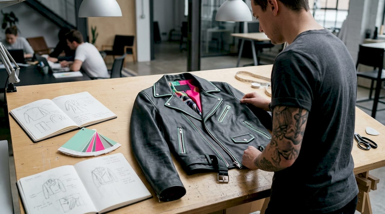 Designer inspecting modern celebrity jacket details