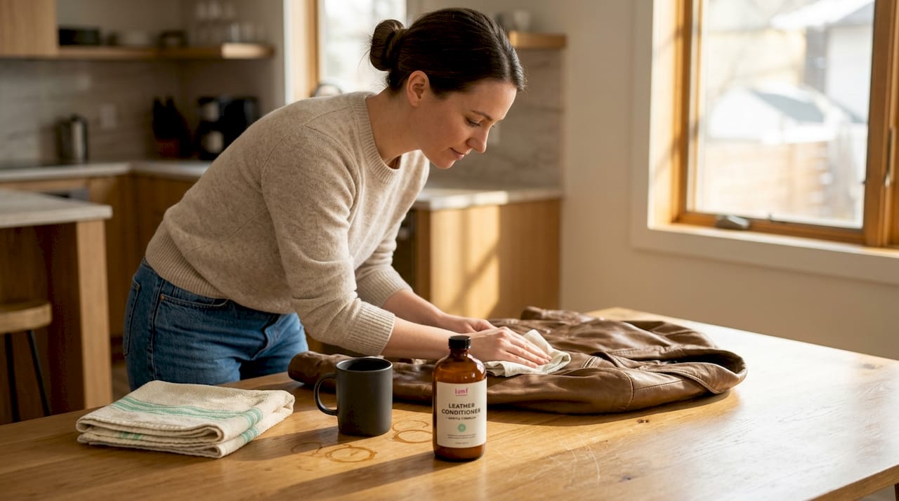 Woman cleaning sheep leather jacket at table