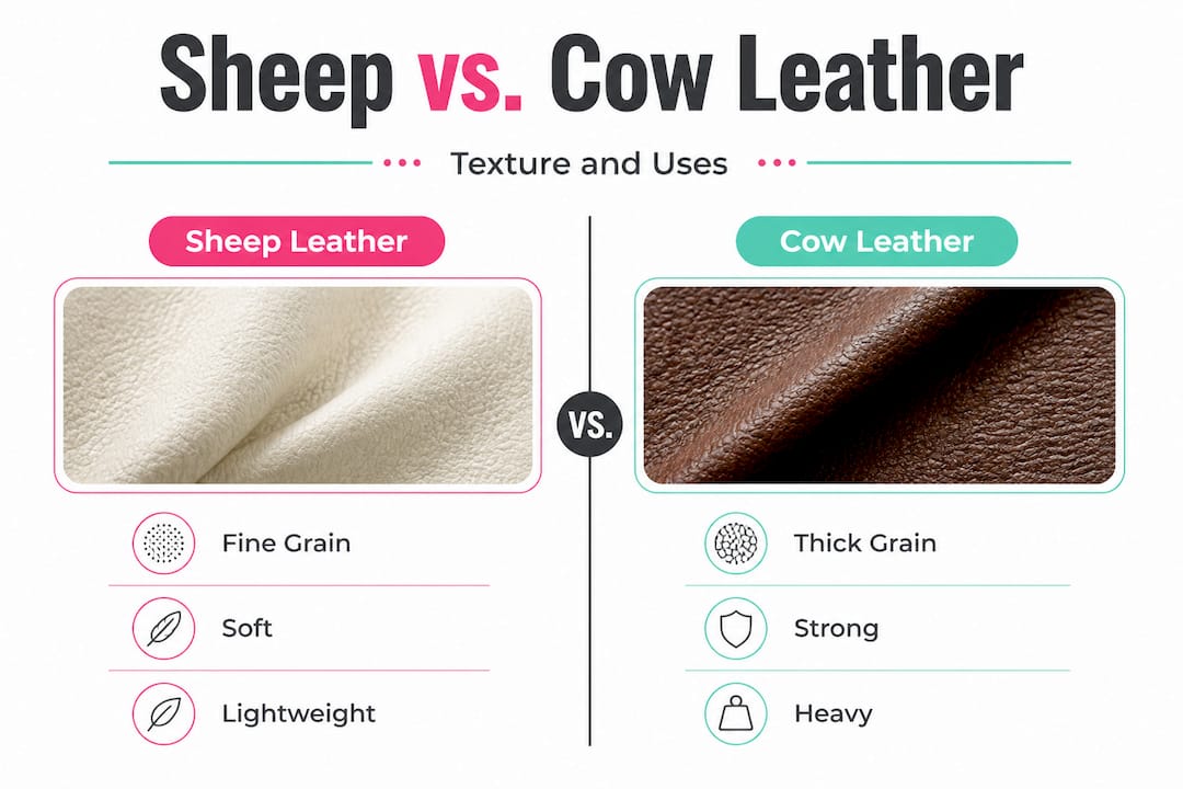 Infographic comparing sheep and cow leather qualities