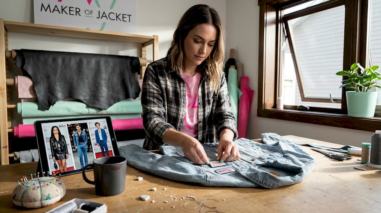 Designer adding patches to denim jacket