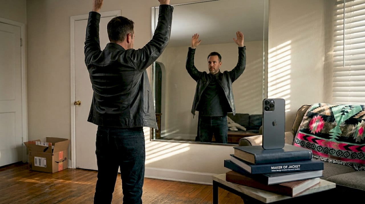 Man testing new jacket fit at home in mirror