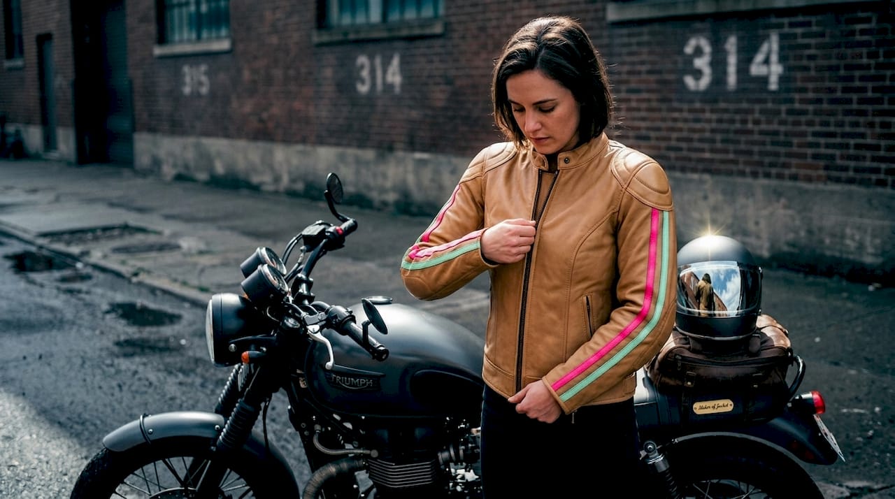 Woman zipping retro cafe racer jacket