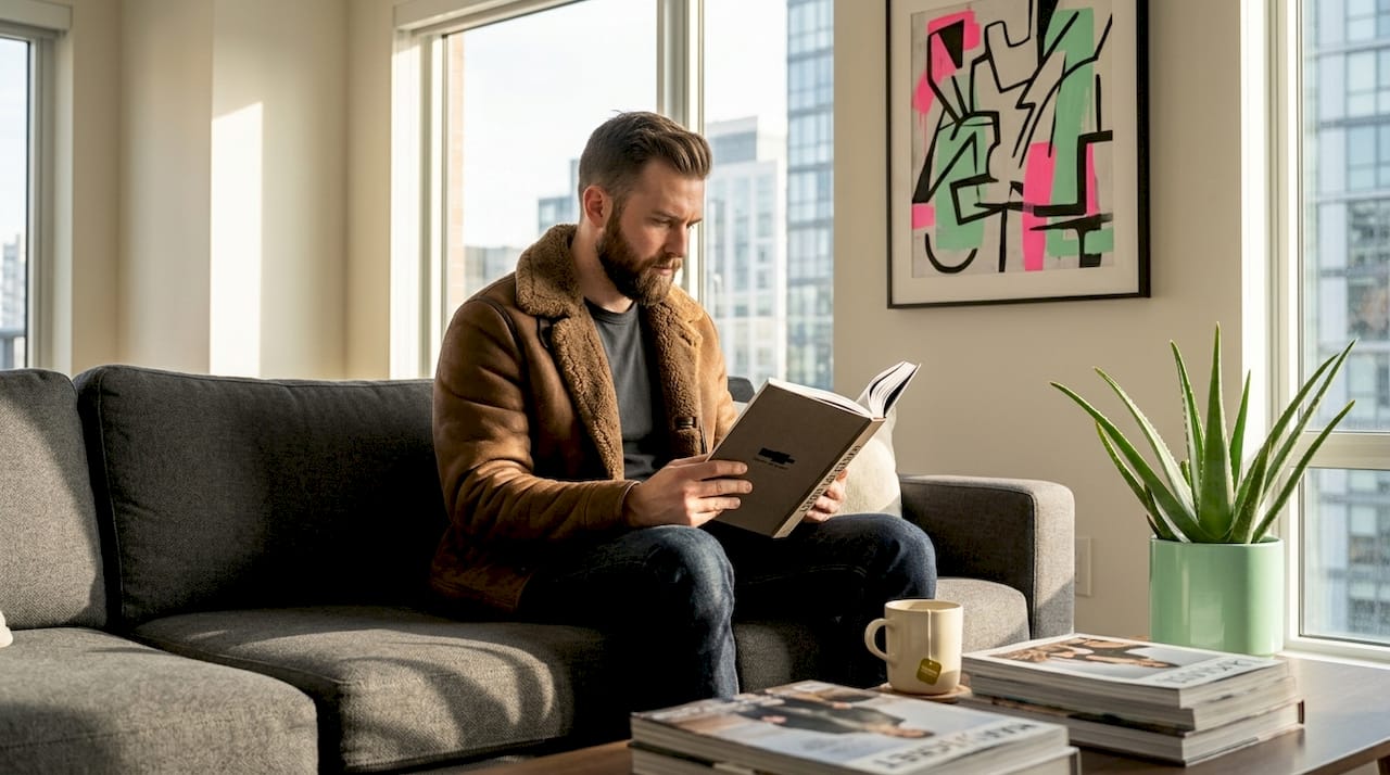 Man reading in shearling jacket at home