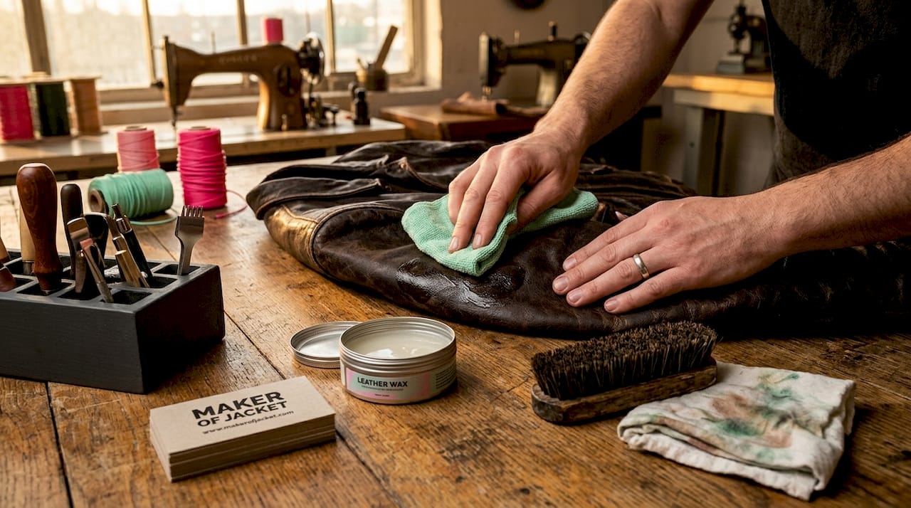 Wax being applied to leather jacket by hand